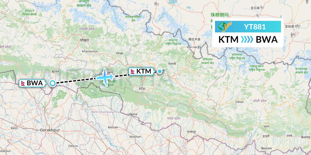 YT881 Yeti Airlines Flight Map: Kathmandu to Bhairawa