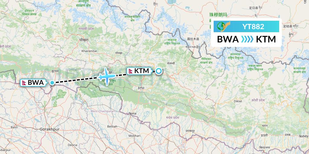 YT882 Yeti Airlines Flight Map: Bhairawa to Kathmandu