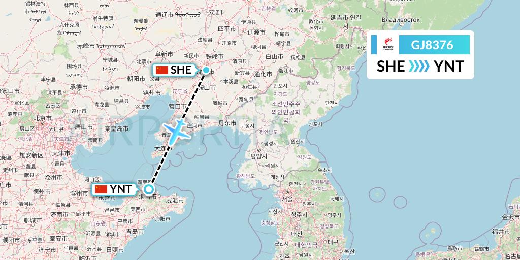 GJ8376 Loong Airlines Flight Map: Shenyang to Yantai