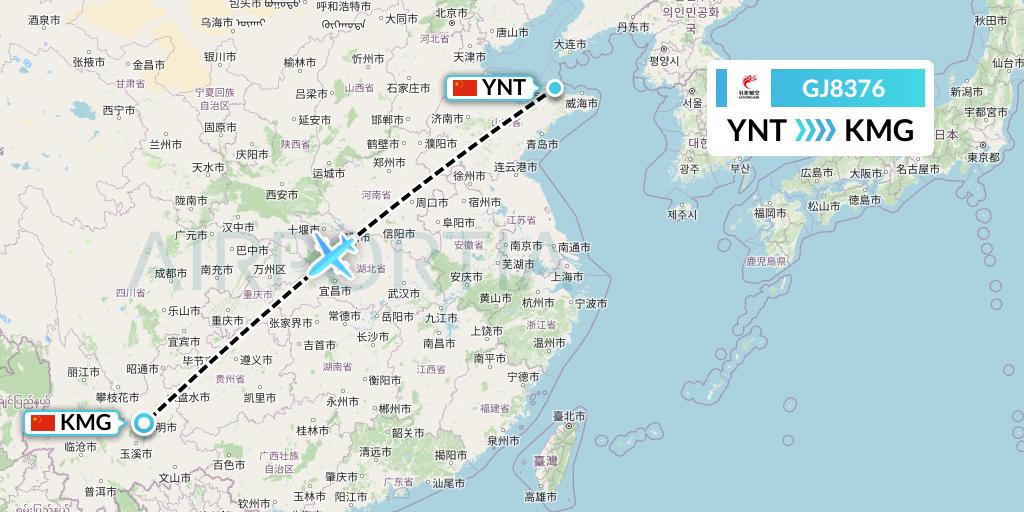 GJ8376 Loong Airlines Flight Map: Yantai to Kunming