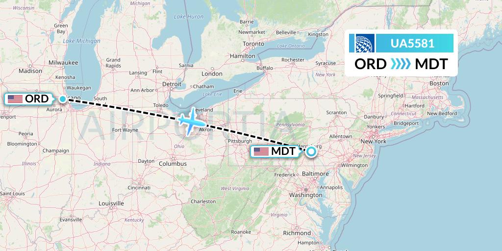 UA5581 United Airlines Flight Map: Chicago to Harrisburg