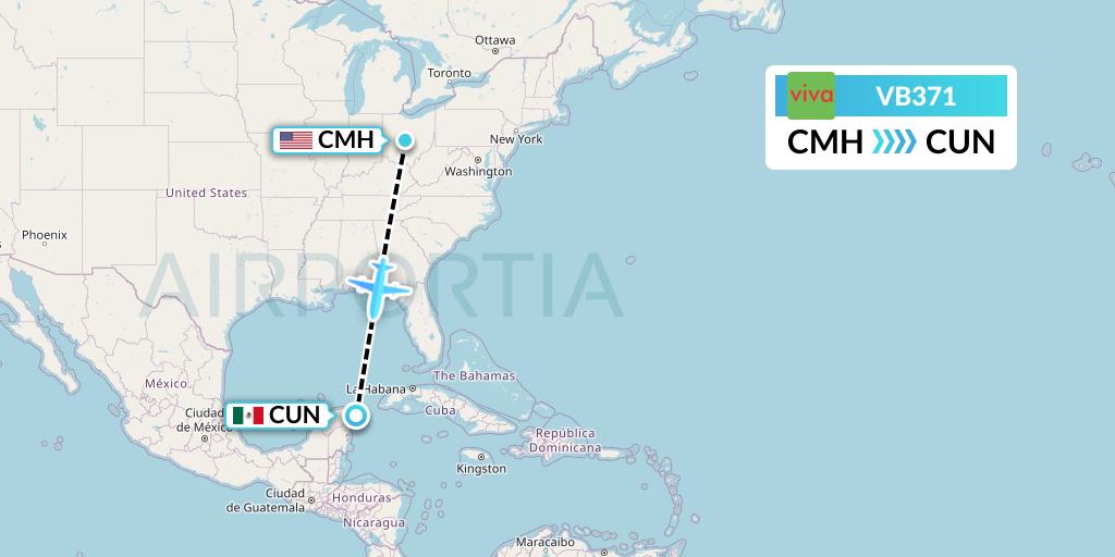 VB371 VivaAerobus Flight Map: Columbus to Cancun