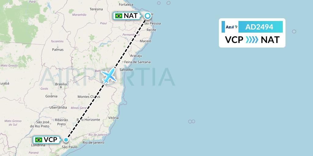 AD2494 Azul Brazilian Airlines Flight Map: Campinas to Natal