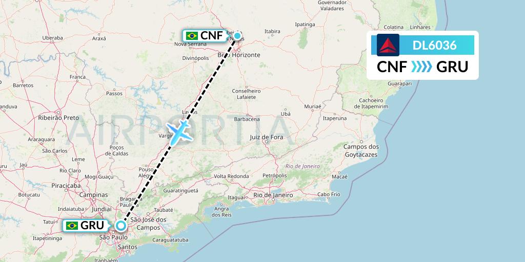 DL6036 Delta Air Lines Flight Map: Belo Horizonte to Sao Paulo
