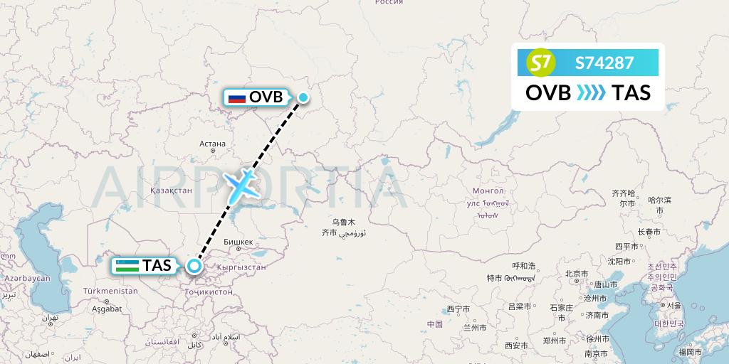 S74287 S7 Airlines Flight Map: Novosibirsk to Tashkent