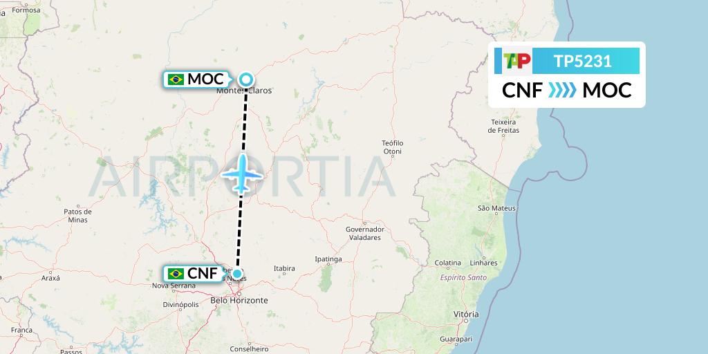 TP5231 TAP Portugal Flight Map: Belo Horizonte to Montes Claros