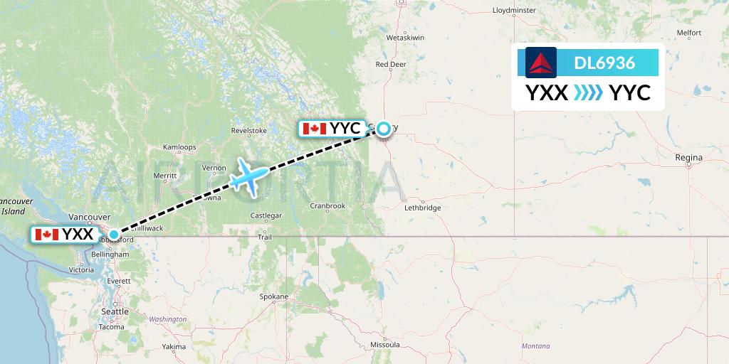 DL6936 Delta Air Lines Flight Map: Abbotsford to Calgary