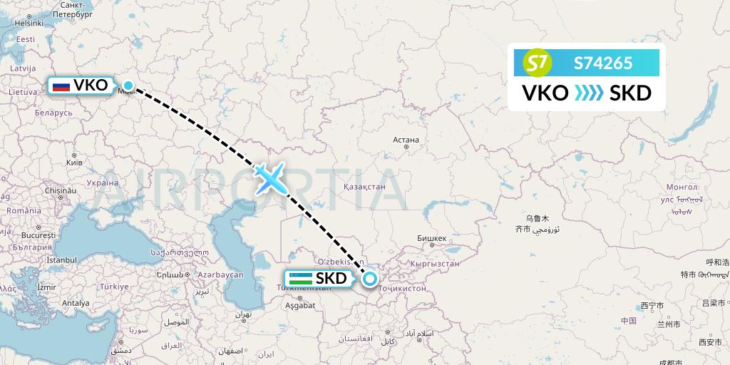 S74265 S7 Airlines Flight Map: Moscow to Samarkand