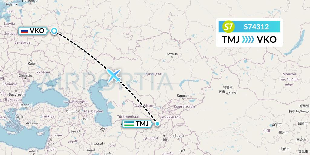 S74312 S7 Airlines Flight Map: Termez to Moscow