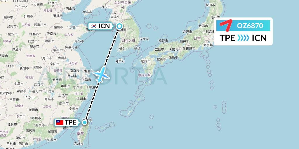 OZ6870 Asiana Airlines Flight Map: Taipei to Seoul