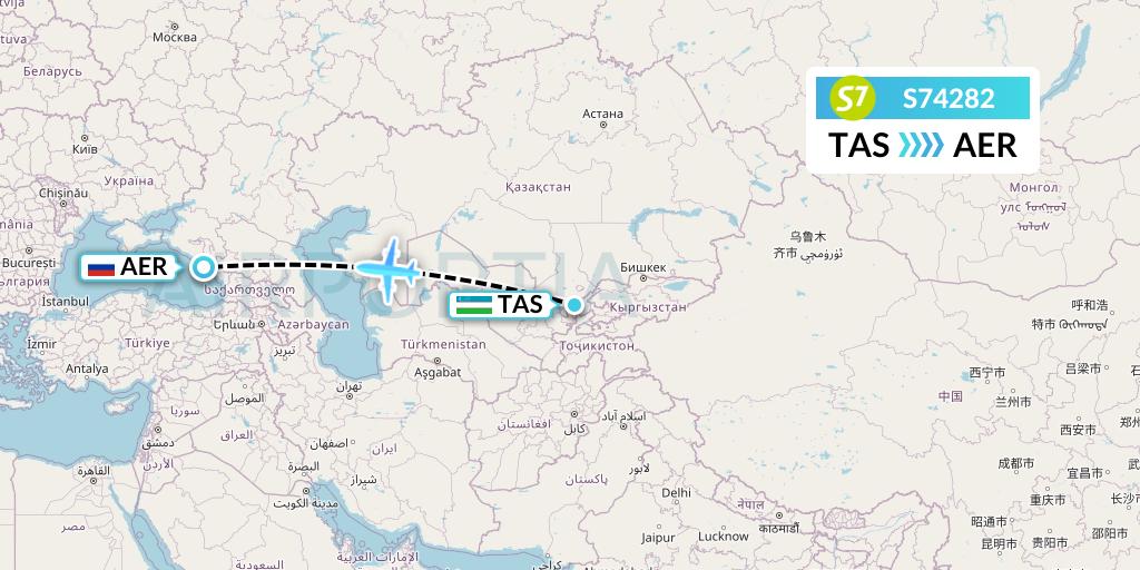 S74282 S7 Airlines Flight Map: Tashkent to Sochi