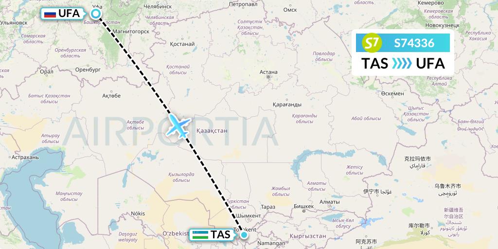 S74336 S7 Airlines Flight Map: Tashkent to Ufa