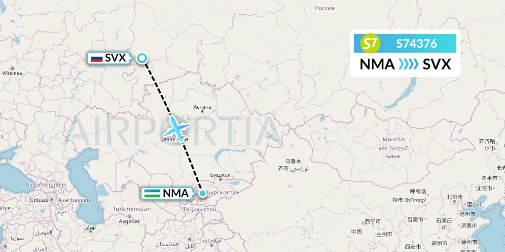 S74376 S7 Airlines Flight Map: Namangan to Yekaterinburg