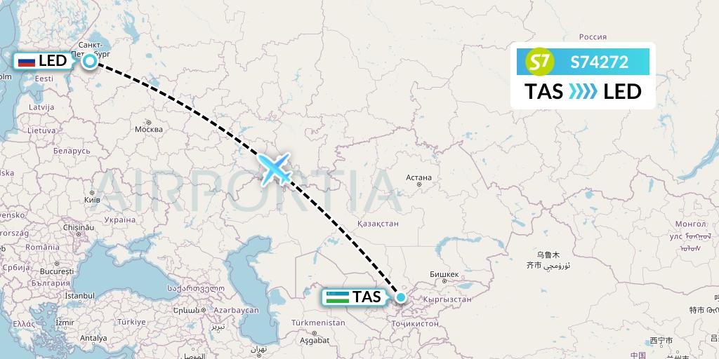 S74272 S7 Airlines Flight Map: Tashkent to St. Petersburg