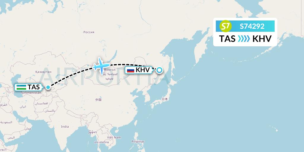 S74292 S7 Airlines Flight Map: Tashkent to Khabarovsk