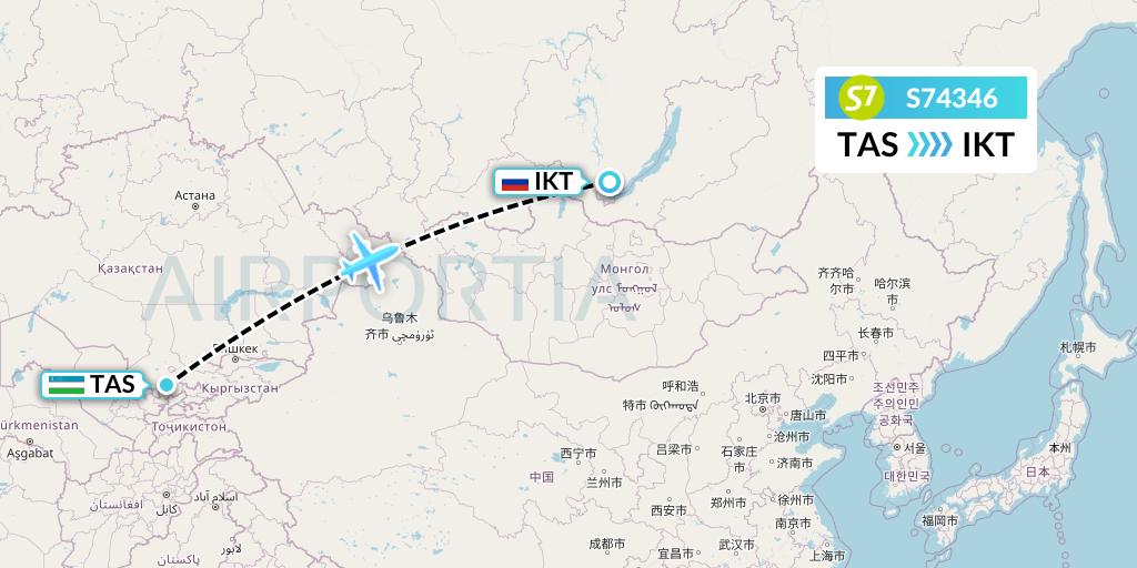 S74346 S7 Airlines Flight Map: Tashkent to Irkutsk