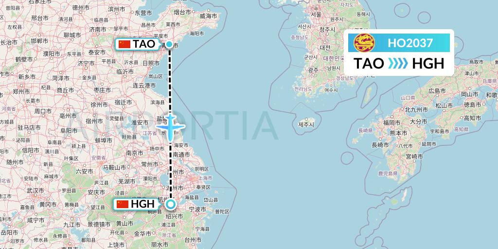 HO2037 Juneyao Airlines Flight Map: Qingdao to Hangzhou