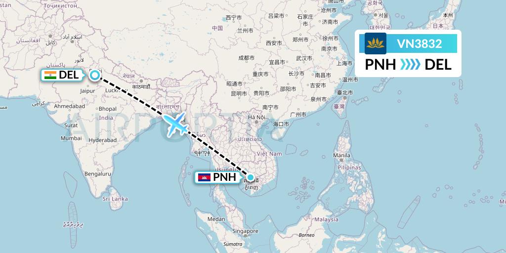 VN3832 Vietnam Airlines Flight Map: Phnom Penh to Delhi