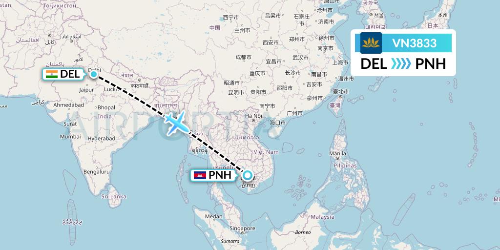 VN3833 Vietnam Airlines Flight Map: Delhi to Phnom Penh