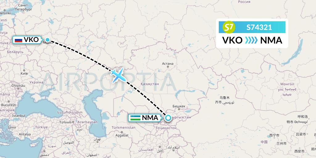 S74321 S7 Airlines Flight Map: Moscow to Namangan