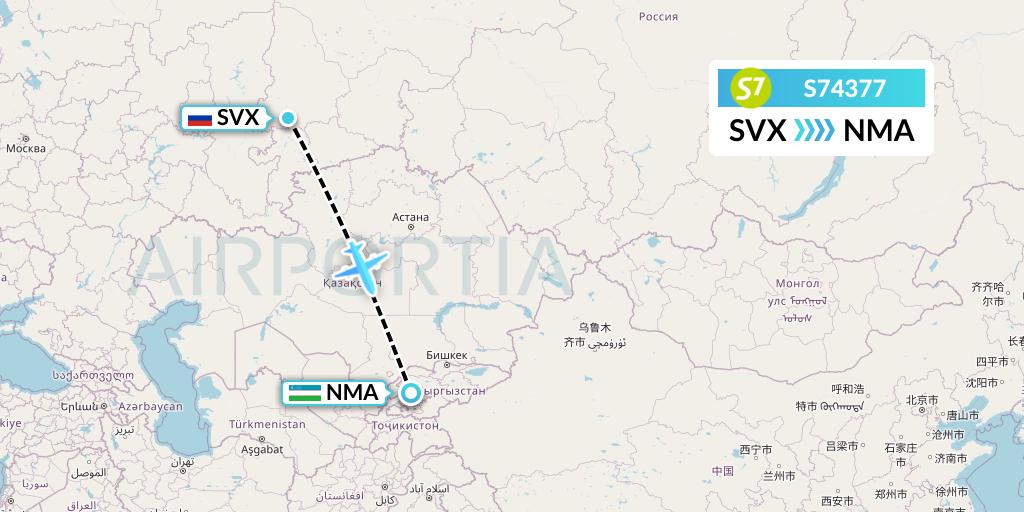 S74377 S7 Airlines Flight Map: Yekaterinburg to Namangan