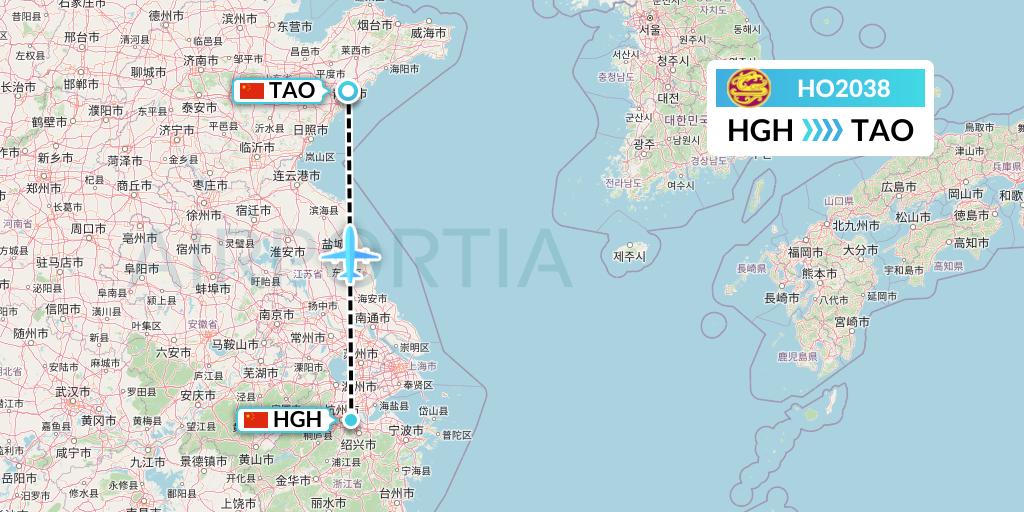 HO2038 Juneyao Airlines Flight Map: Hangzhou to Qingdao