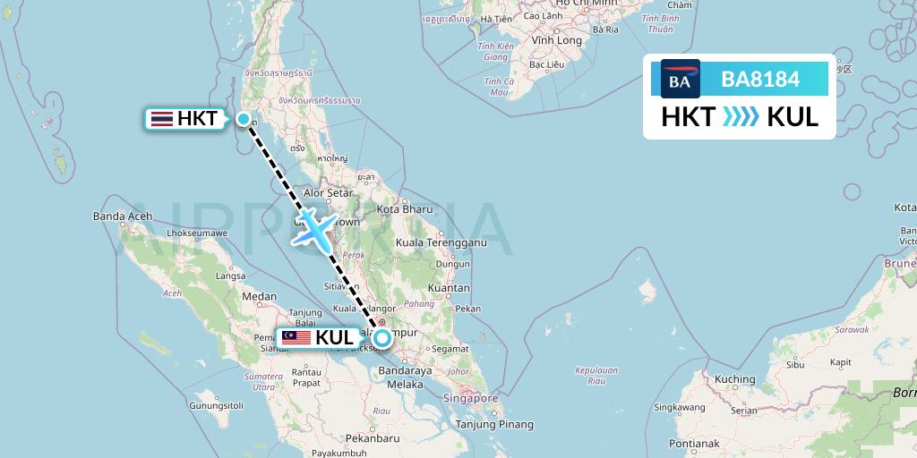 BA8184 British Airways Flight Map: Phuket to Kuala Lumpur