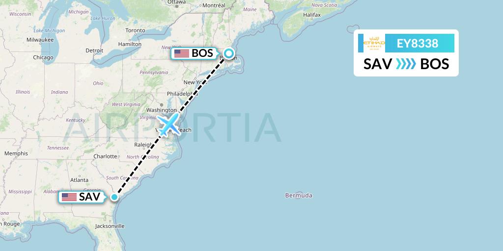 EY8338 Etihad Airways Flight Map: Savannah to Boston