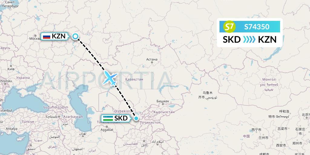 S74350 S7 Airlines Flight Map: Samarkand to Kazan