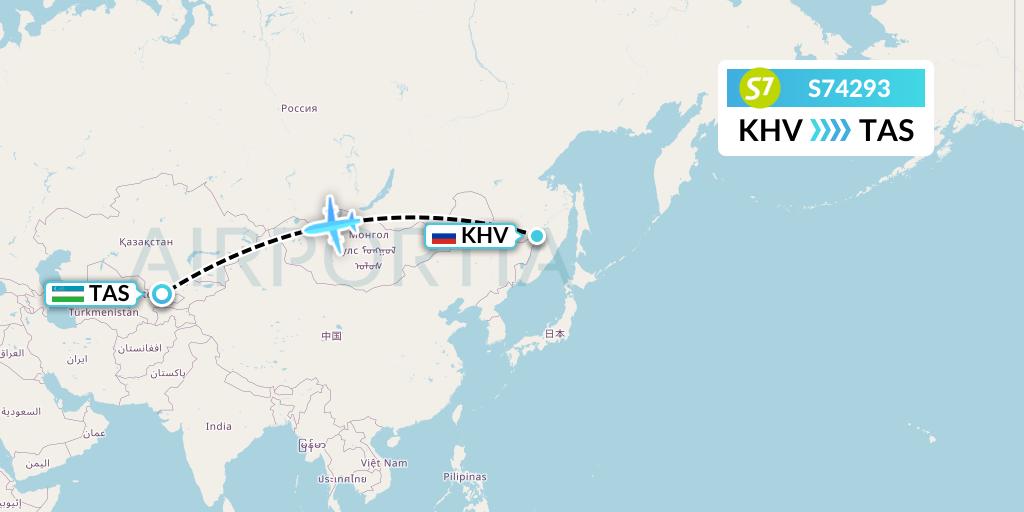 S74293 S7 Airlines Flight Map: Khabarovsk to Tashkent