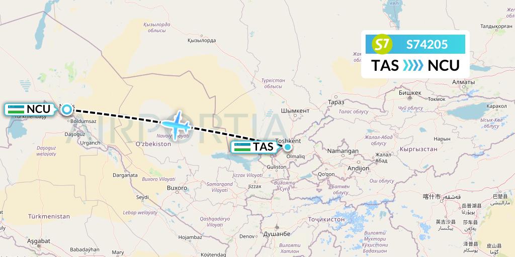 S74205 S7 Airlines Flight Map: Tashkent to Nukus