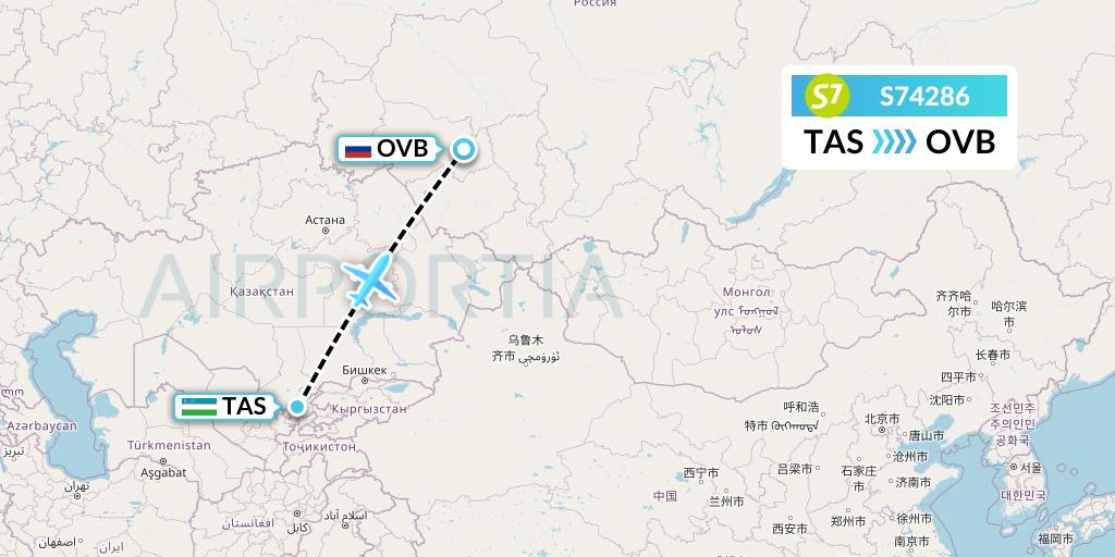 S74286 S7 Airlines Flight Map: Tashkent to Novosibirsk