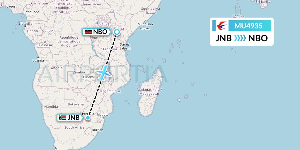 MU4935 China Eastern Airlines Flight Map: Johannesburg to Nairobi
