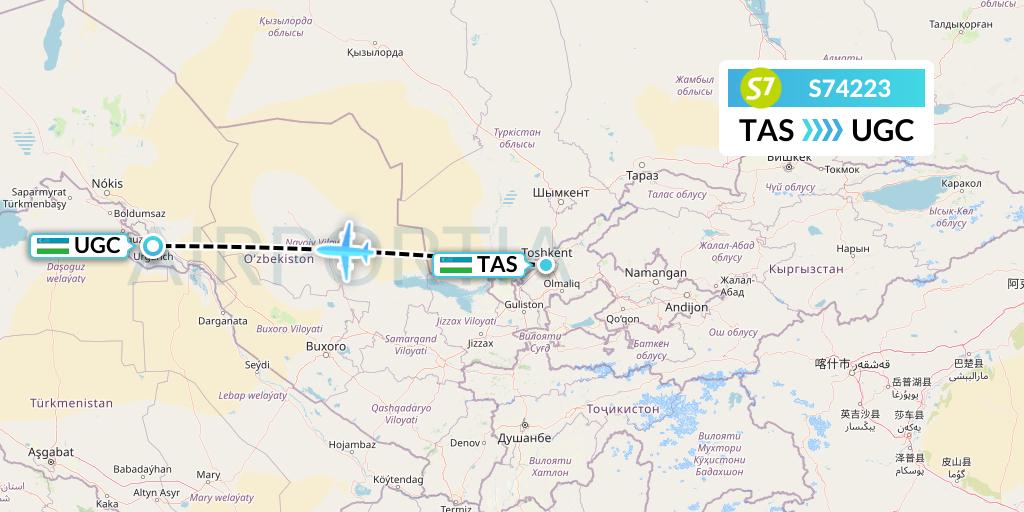 S74223 S7 Airlines Flight Map: Tashkent to Urgench