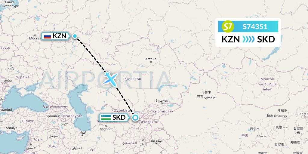 S74351 S7 Airlines Flight Map: Kazan to Samarkand
