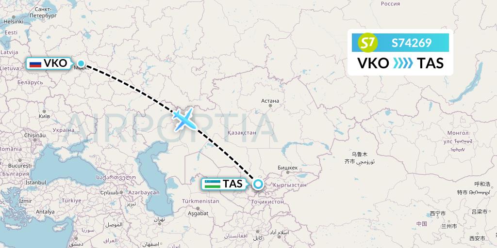 S74269 S7 Airlines Flight Map: Moscow to Tashkent