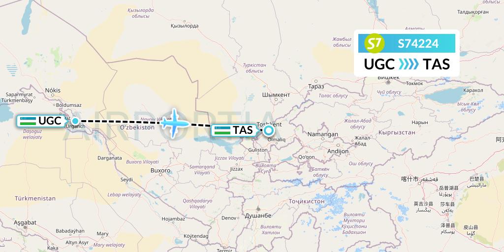 S74224 S7 Airlines Flight Map: Urgench to Tashkent