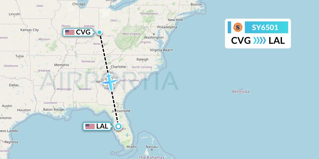 SY6501 Sun Country Airlines Flight Map: Cincinnati to Lakeland