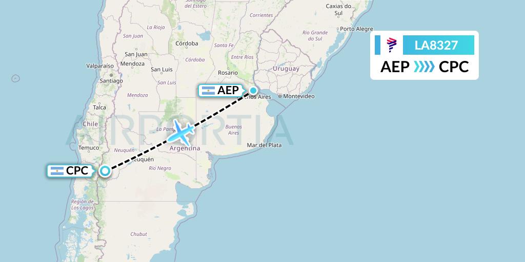 LA8327 LAN Airlines Flight Map: Buenos Aires to San Martin de los Andes