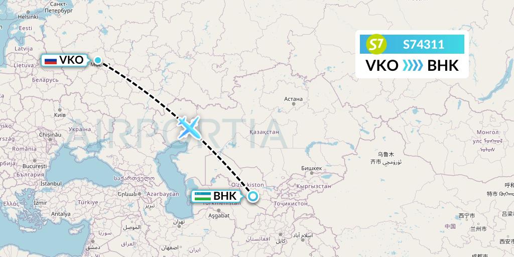 S74311 S7 Airlines Flight Map: Moscow to Bukhara
