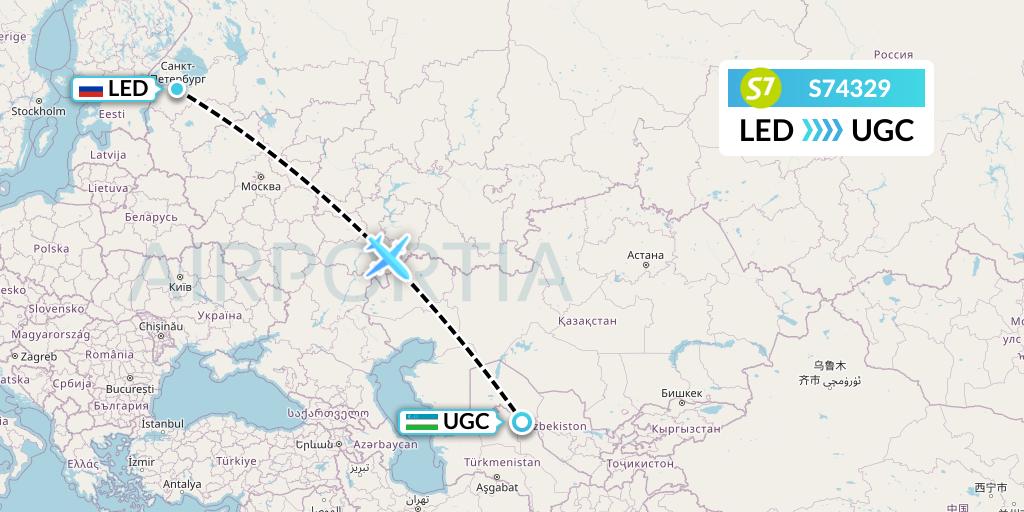 S74329 S7 Airlines Flight Map: St. Petersburg to Urgench