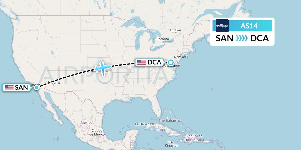 AS14 Alaska Airlines Flight Map: San Diego to Washington