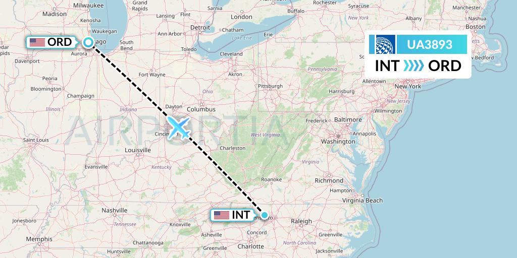UA3893 United Airlines Flight Map: Winston-Salem to Chicago