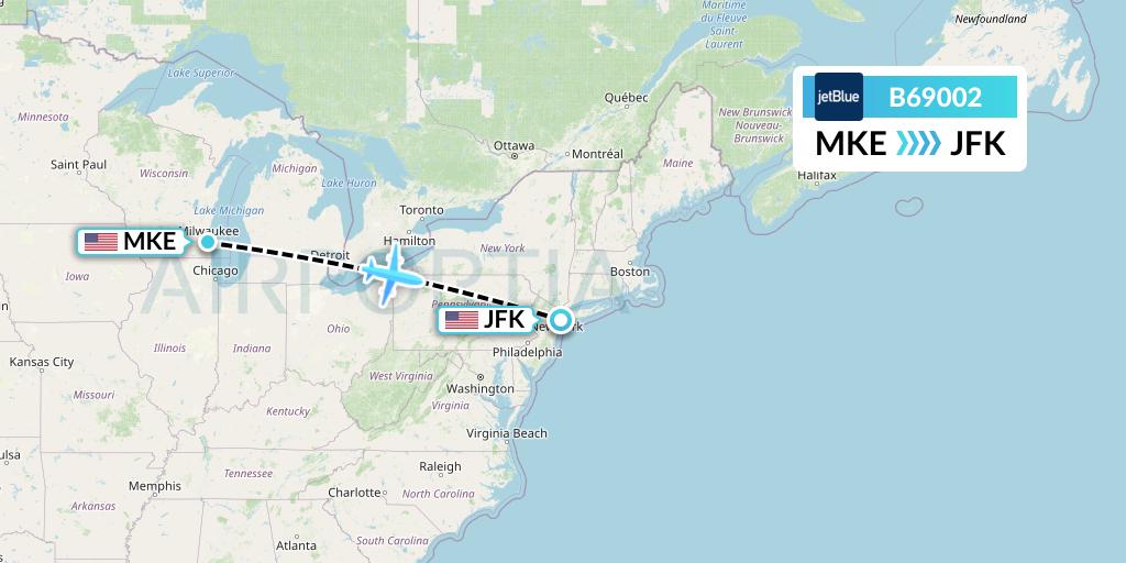 B69002 JetBlue Airways Flight Map: Milwaukee to New York