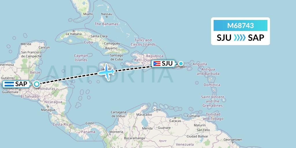 M68743 Amerijet International Flight Map: San Juan to San Pedro Sula