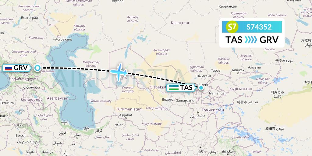 S74352 S7 Airlines Flight Map: Tashkent to Grozny
