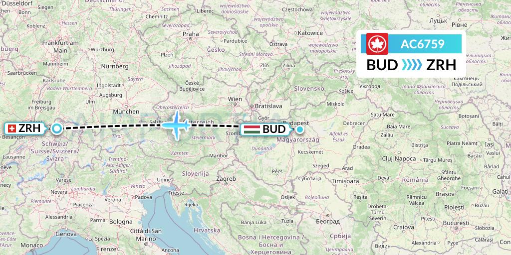 AC6759 Air Canada Flight Map: Budapest to Zurich
