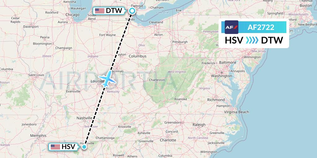 AF2722 Air France Flight Map: Huntsville to Detroit