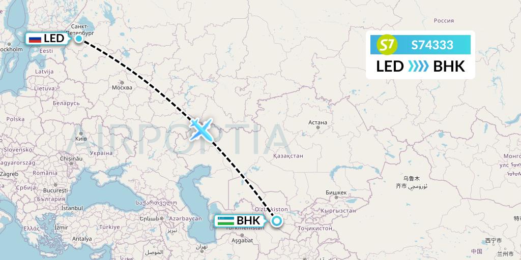 S74333 S7 Airlines Flight Map: St. Petersburg to Bukhara