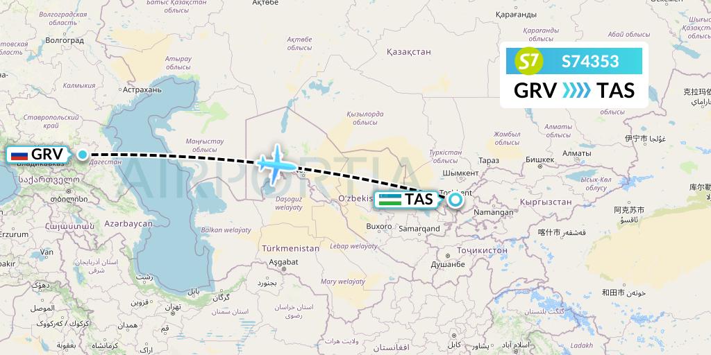 S74353 S7 Airlines Flight Map: Grozny to Tashkent